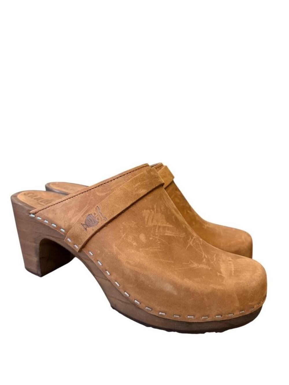 Sandgrens Dublin Brown Leather Wood Mule Clog EUC Women size 39 US 8-8.5